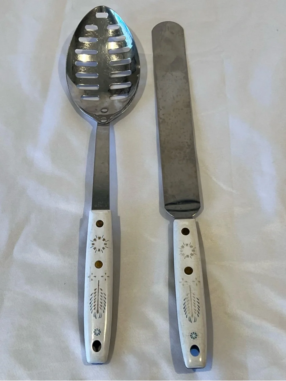 Vintage Stainless Steel Serving Spoon & Spreader Set White Handles USA Mid Centu